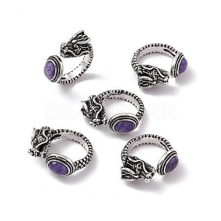 Dragon Head Natural Charoite Cuff Rings RJEW-G273-03AS-03-1