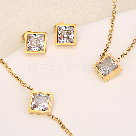 Rhombus 304 Stainless Steel Pave Clear Cubic Zirconia Link Bracelets & Stud Earrings & Pendant Necklaces FS-WG48BD9-01-1