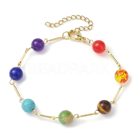 Natural & Synthetic Mixed Gemstone Round Beaded Link Chain Bracelet BJEW-JB09971-1