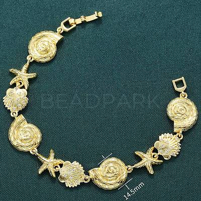 Summer Beach Brass Micro Pave Clear Cubic Zirconia Starfish & Shell Shape Link Chain Bracelets BJEW-C118-02A-G-1