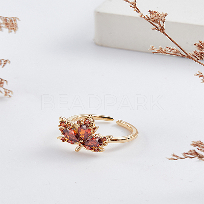 1Pc Brown Glass Maple Leaf Open Cuff Ring with Cubic Zirconia RJEW-LP0001-14-1