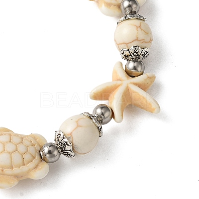Starfish & Turtle Dyed Synthetic Turquoise Beaded Stretch Bracelets BJEW-JB10925-01-1