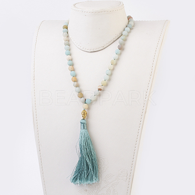 Natural Amazonite Buddha Mala Beads Necklaces NJEW-JN02129-03-1