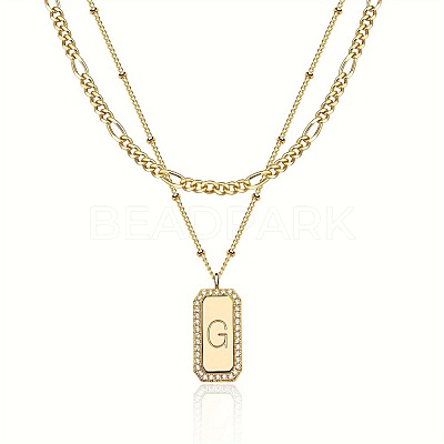 Brass Micro Pave Clear Cubic Zirconia Rectangle with Initial Pendant Double Layer Necklaces for Women FS-WG478B5-07-1