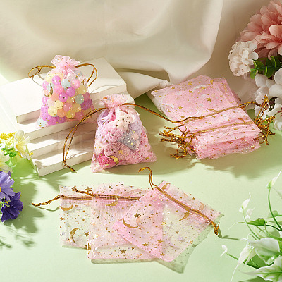 30Pcs Gold Stamping Moon Star Organza Drawstring Gift Bags ABAG-TA0002-21G-1