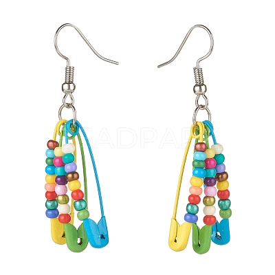 Glass Seed Beaded Safety Pins Long Dangle Earrings EJEW-JE04715-1