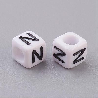 White Letter N Acrylic Cube Beads X-PL37C9308-N-1