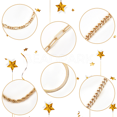 6Pcs 6 Style Brass Twist Rope & Figaro & Paperclip & Curb Chain Bracelets Set for Women BJEW-AN0001-10-1