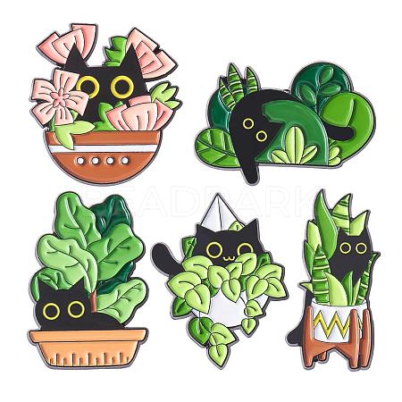 5 Pcs Cat Brooche Pins Set Enamel Lapel Pins Cute Black Cat Plants Enamel Brooche Pins Set Cartoon Animal Pins Badges Clothing Bags Jackets for Women JBR114A-1