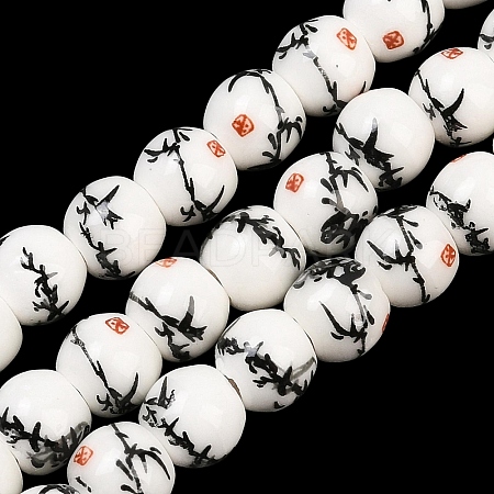 Handmade Flower Printed Porcelain Ceramic Beads Strands PORC-M006-8mm-02-1