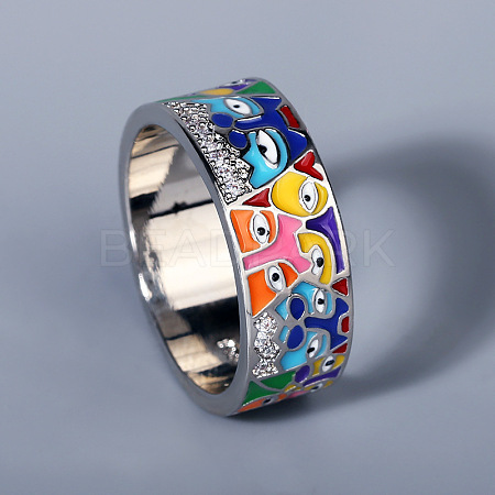 Eye Pattern Brass Micro Pave Clear Cubic Zirconia Enamel Finger Rings FS-WGB4C19-04-1