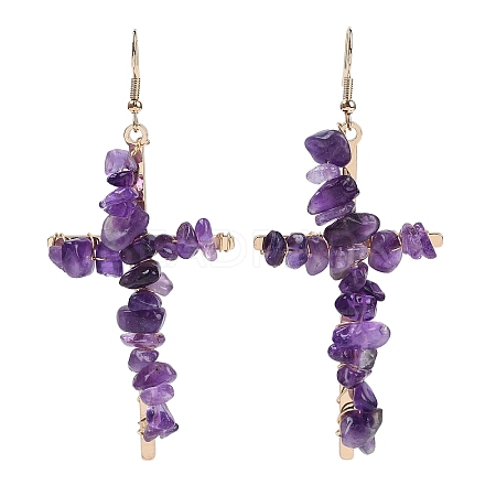 Natural Amethyst Cross Dangle Earrings EJEW-Z071-01G-03-1