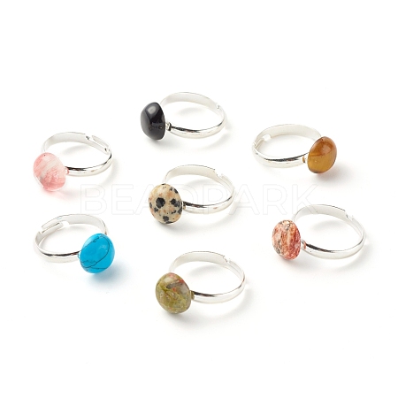 Half Round Natural & Synthetic Mixed Stone Adjustable Ring RJEW-JR00410-1