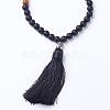 Natural Black Agate and Wood Mala Beads Necklaces NJEW-JN01779-01-2