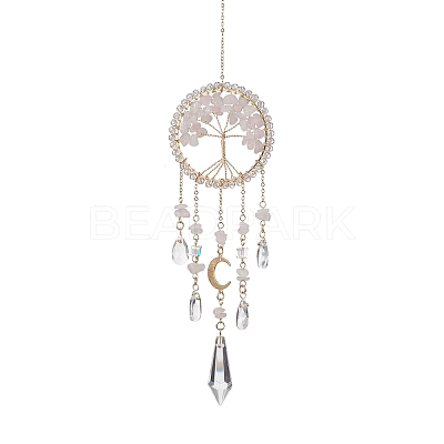 Natural Rose Quartz Copper Wire Wrapped Tree of Life Hanging Ornaments HJEW-TA00110-1