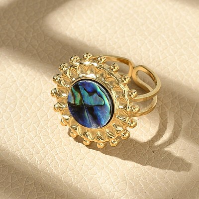 Flat Round 304 Stainless Steel Paua Shell Finger Rings for Women RJEW-G346-08G-01-1