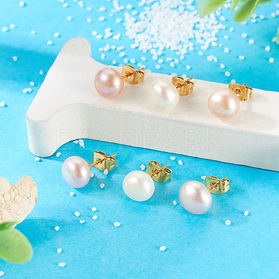 6Pcs 3 Colors Natural Cultured Freshwater Pearl Stud Earrings EJEW-TAC00027-1