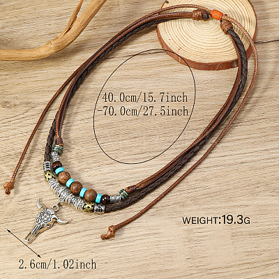 Alloy & Synthetic Turquoise Pendant Porcelain & Wood Beaded Waxed Cord Double Layer Adjustable Necklaces for Men FS-WG67B4F-04-1
