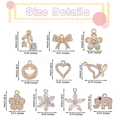 10Pcs 10 Style Rack Plating Brass Cubic Zirconia Charms ZIRC-SZ0002-25-1