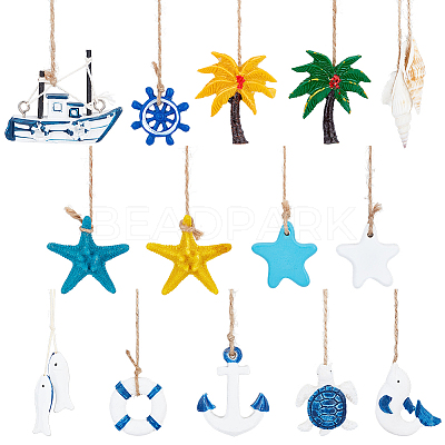 AHADEMAKER 14Pcs 14 Style Mediterranean Style Resin & Shell & Plastic Pendant Decoration HJEW-GA0001-34-1
