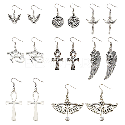 8 Pairs 8 Sytle Bat & Ankh Cross & Eye of Ra/Re & Egyptian Zinc Alloy Dangle Earrings EJEW-FI0001-37-1