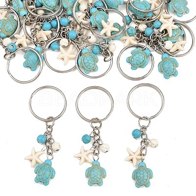 20Pcs Turtle with Starfish Synthetic Turquoise Pendant Keychains KEYC-CP0001-47A-1
