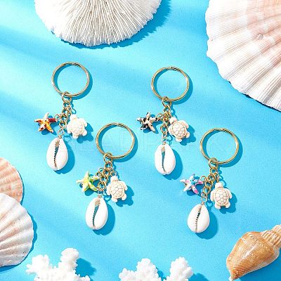 Synthetic Turquoise with Natural Mixed Cowrie Shell Keychain KEYC-JKC01266-1