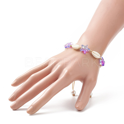 Natural Cowrie Shell & Glass Starfish Braided Bead Bracelet for Women X-BJEW-JB09943-1