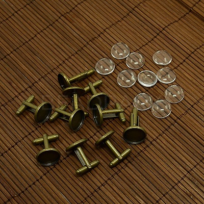 DIY Brass Cufflink Findings Cuff Button Cabochon Settings and 14mm Clear Glass Cabochon Cover Sets DIY-X0105-AB-NF-1