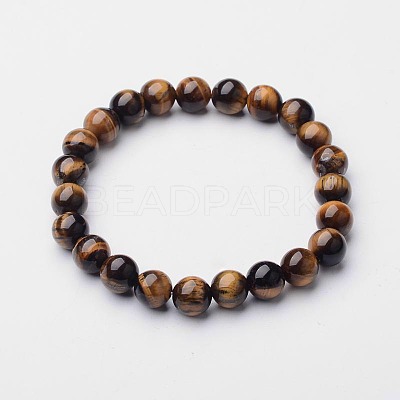 Natural Tiger Eye Round Beaded Stretch Bracelets BJEW-F203-04-1