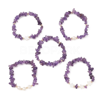 5Pcs 5 Style Natural Amethyst Chips Stretch Bracelets Set BJEW-JB09551-01-1