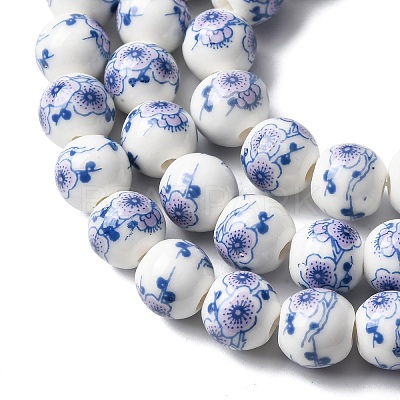 Handmade Flower Printed Porcelain Ceramic Beads Strands PORC-M007-10mm-05-1