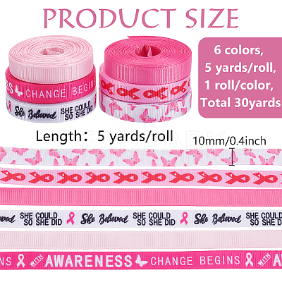 6 Rolls 6 Colors Polyester Awareness Ribbon Printed Grosgrain Ribbon OCOR-WR0001-53-1