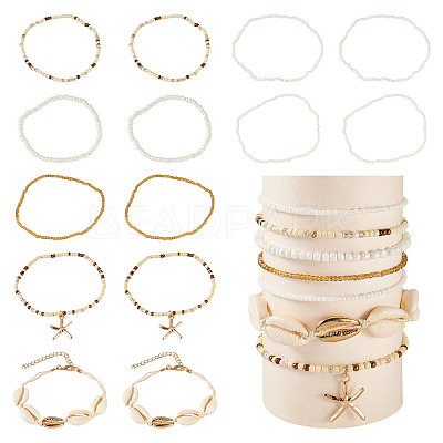 2 Bags Summer Beach Glass Seed Beaded & Natural Shell & Alloy Starfish Charm Anklet Sets AJEW-TA0003-69F-1