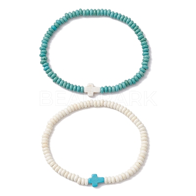 2Pcs Synthetic Turquoise Beads Stretch Bracelets for Women Men BJEW-JB11293-1