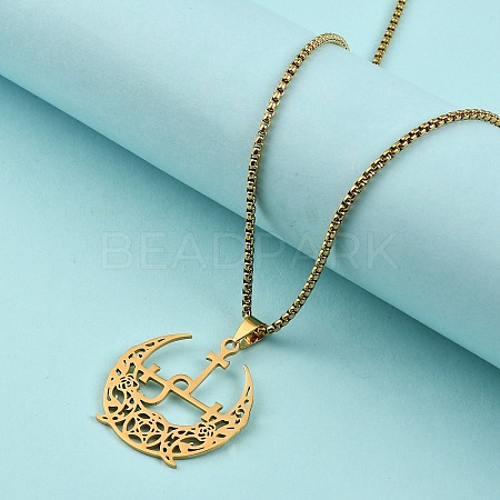 201 Stainless Steel Hollow Crescent Moon Pendant Box Chain Necklaces LS-NJEW-M086-02G-1
