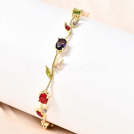 Leaf Brass Micro Pave Cubic Zirconia Link Chain Bracelets for Women BJEW-D455-01G-07-1