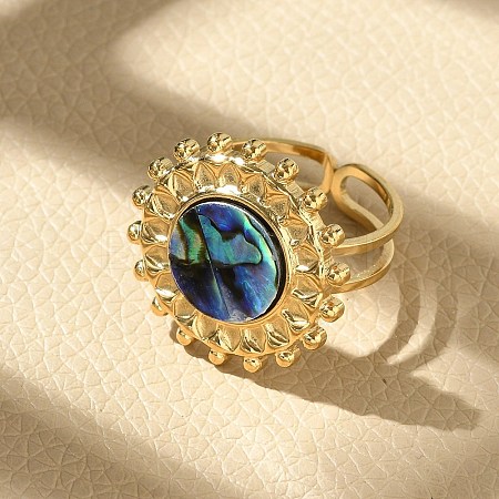 Flat Round 304 Stainless Steel Paua Shell Finger Rings for Women RJEW-G346-08G-01-1