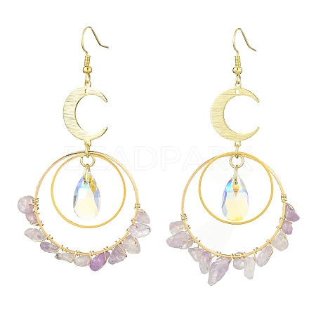 Brass Moon & Rings Dangle Earrings EJEW-TA00393-1