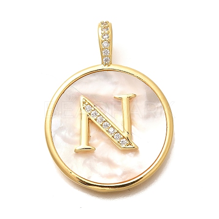 Rack Plating Brass Micro Pave Clear Cubic Zirconia Pendants with Shell KK-M309-42G-N-1
