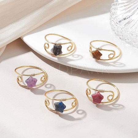 Copper Wired Gemstone Finger Rings RJEW-JR00978-1