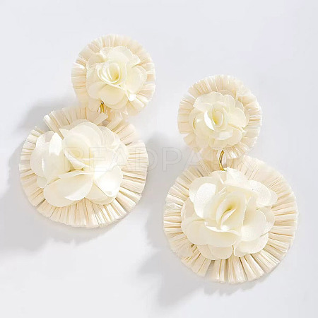 Bohemian Cloth & Raffia Dangle Stud Earrings WGE9CA1-03-1