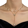 201 Stainless Steel Curb Chains Double Layer Necklaces with ABS Imitation Pearl Beaded NJEW-D055-13G-2