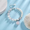 Natural Rose Quartz Heart Charm Bracelet with Natural Pearl Beaded Chains for Women BJEW-TA00255-02-2