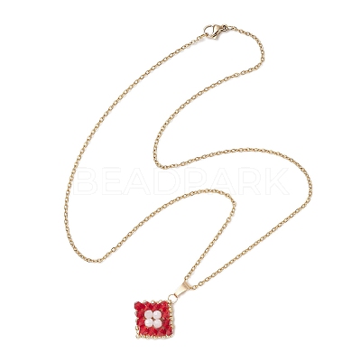 Natural Rainbow Moonstone and Handmade Glass Beaded Rhombus Pendant 304 Stainless Steel Cable Chain Necklaces NJEW-MZ00124-02-1