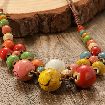 Bohemian Porcelain Round Beaded Imitation Leather Cord Bib Necklaces for Women FS-WG95F0C-01-1