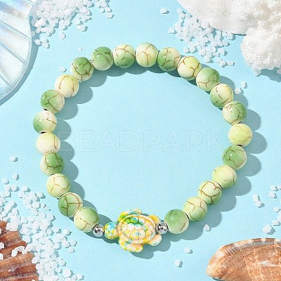 Baking Paint Synthetic Turquoise Round & Tortoise Beads Stretch Bracelets for Men Women BJEW-JB12340-03-1
