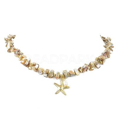 Summer Beach Starfish 304 Stainless Steel Pendant AB Color Natural Freshwater Shell Nuggets Beaded Necklaces for Women NJEW-JN06056-1