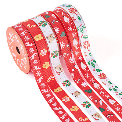 6Rolls 6 Styles Christmas Polyester Printed Ribbon OCOR-TA0003-43-1