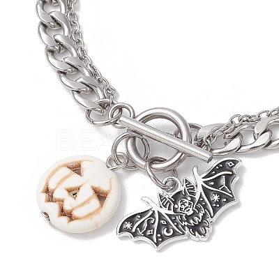 Halloween Alloy Enamel Bat and Dyed Synthetic Turquoise Pumpkin Charm 304 Stainless Steel Bracelet Sets BJEW-JB12446-02-1
